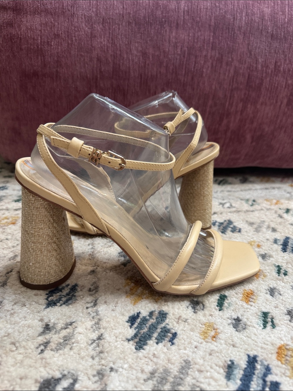 Sam Edelman Kia Block Heel Sandals 11 Bleached Wheat Raffia Multi